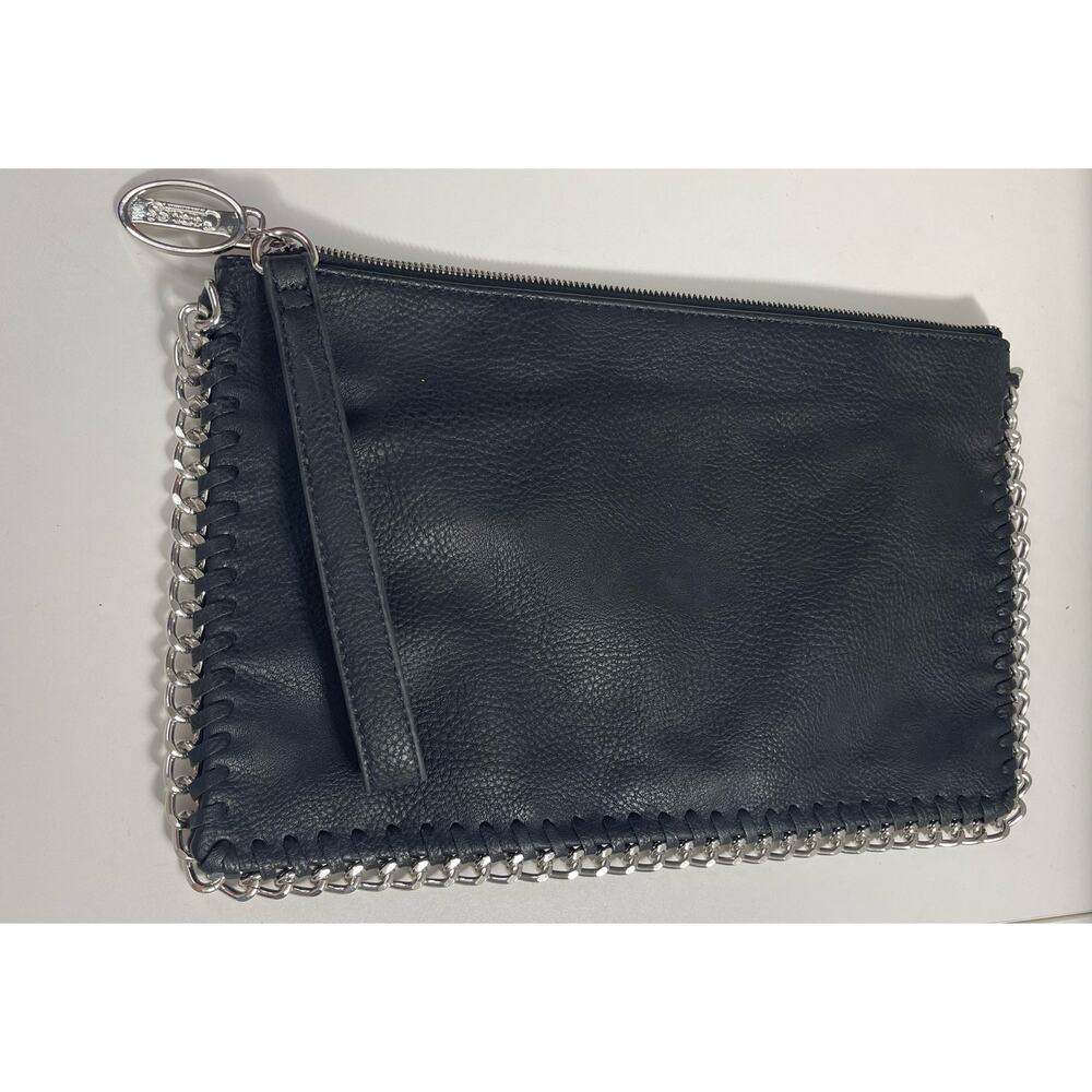 Carlos Santana Black Soft Leather & Silver Chain Edge Clutch Wristlet Retro - Picture 2 of 7